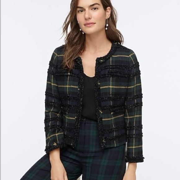 J. Crew Jackets & Blazers - J. Crew lady jacket in lurex plaid tweed fringe blazer jacket size 4 NWT